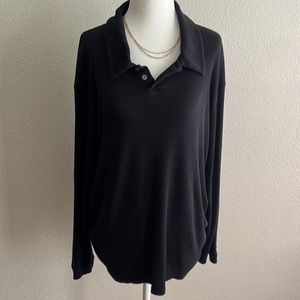 Vintage DKNY Ribbed Black Collared Long Sleeve Shirt Size Large